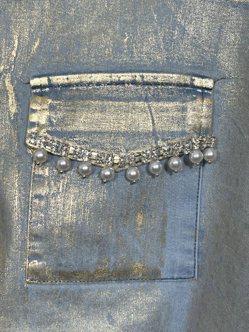 Thumbnail: Women’s Metallic Button Down Shirt – Shiny Short Sleeve Blouse