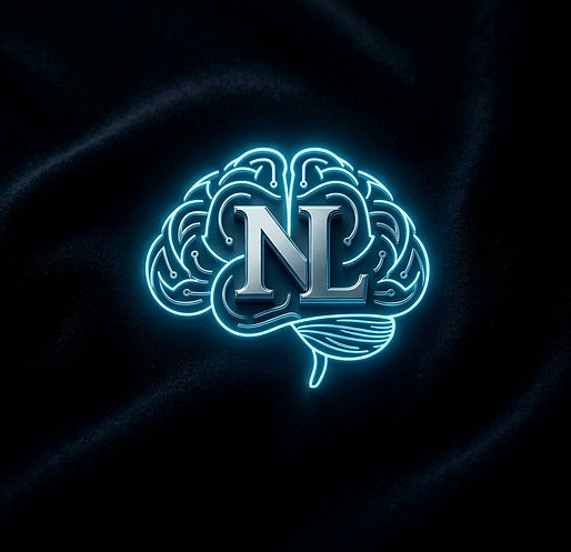 Logotipo oficial da NeuroLuckas apresentando um cérebro iluminado em neon ciano com as iniciais NL, simbolizando a união de n