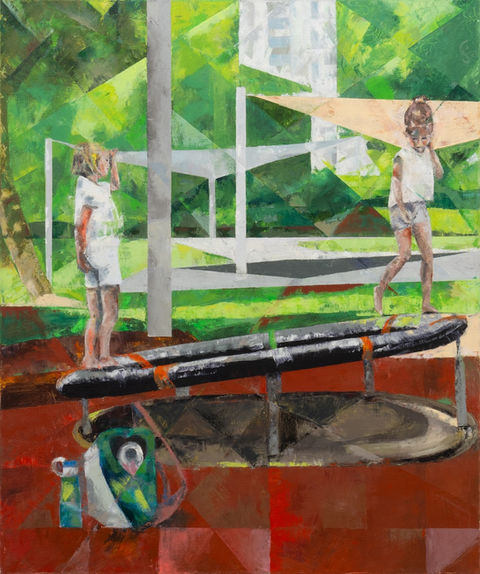 Children playing on a seesaw, outdoor painting