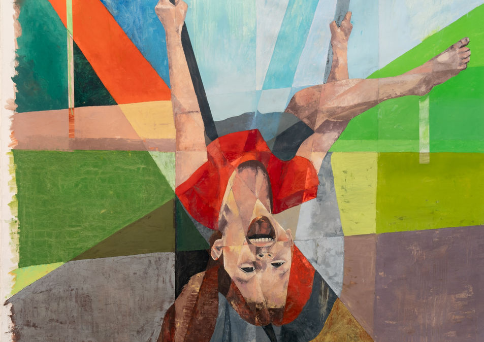 Joyful child upside down on swing, abstract painting