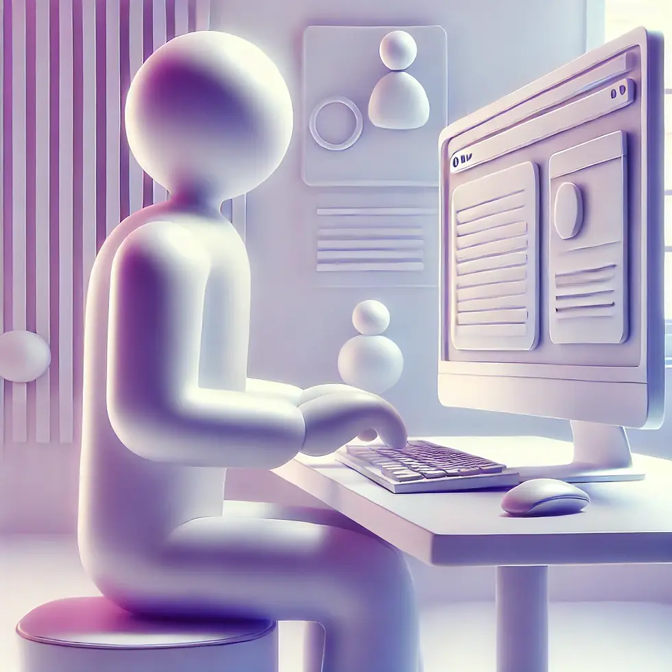 DALL·E 2025-03-19 18.37.29 - An abstract character typing content for a website on a PC in