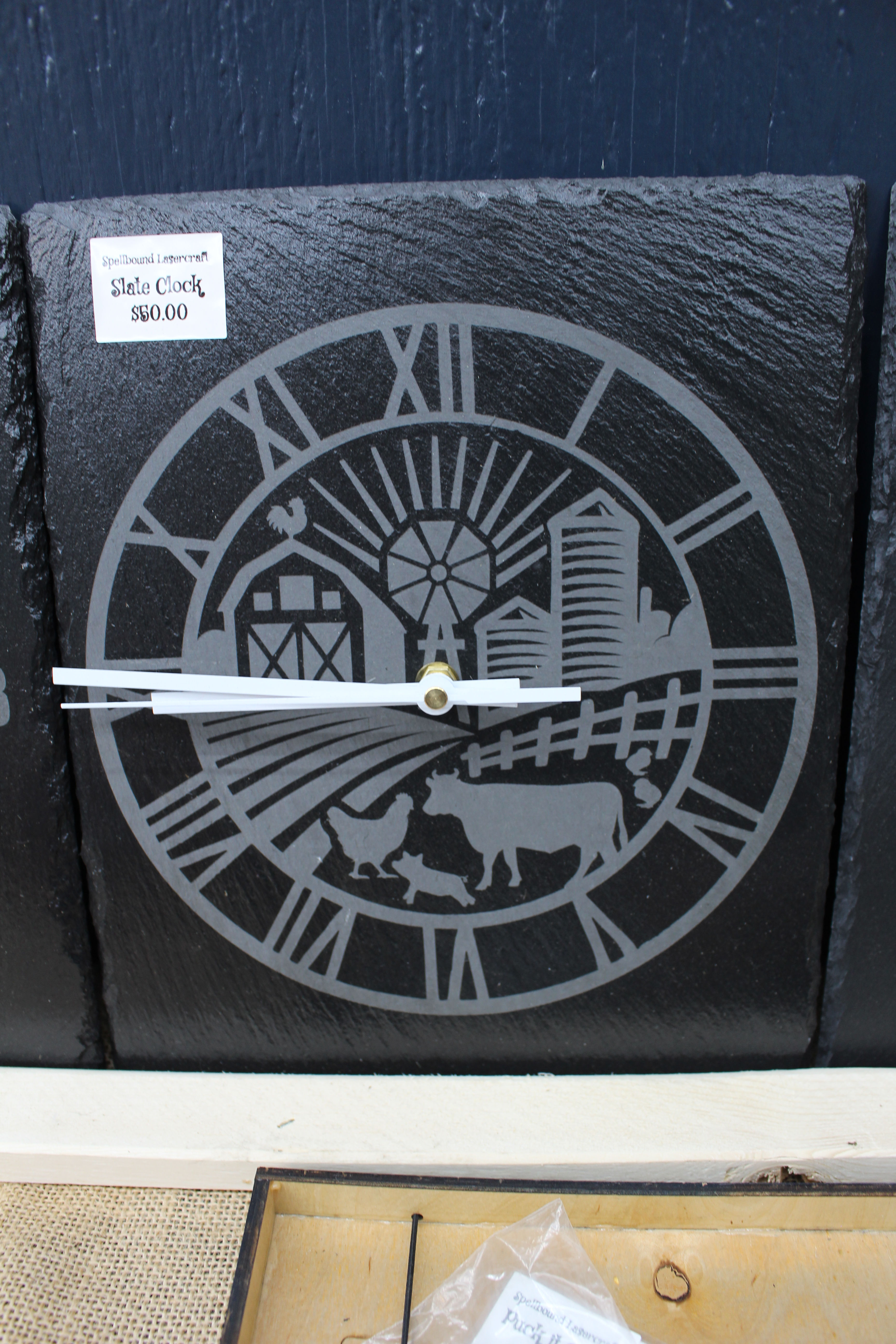 Slate clock with Roman numerals, farm scene, 