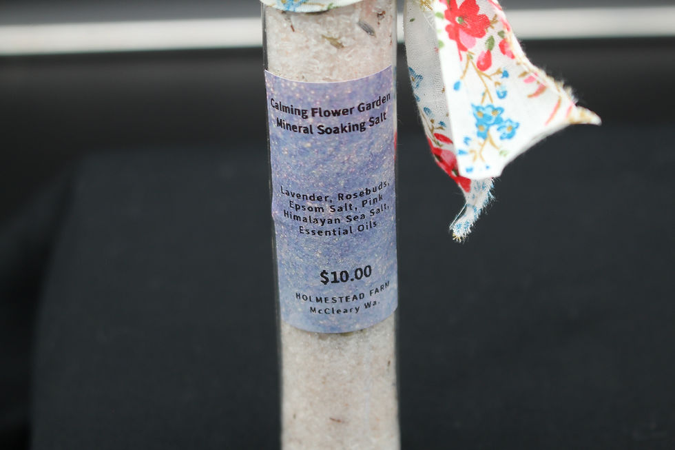 Morning Flower Garden Mineral Soaking Salts label $10.00, lavender, Epsom salt, floral