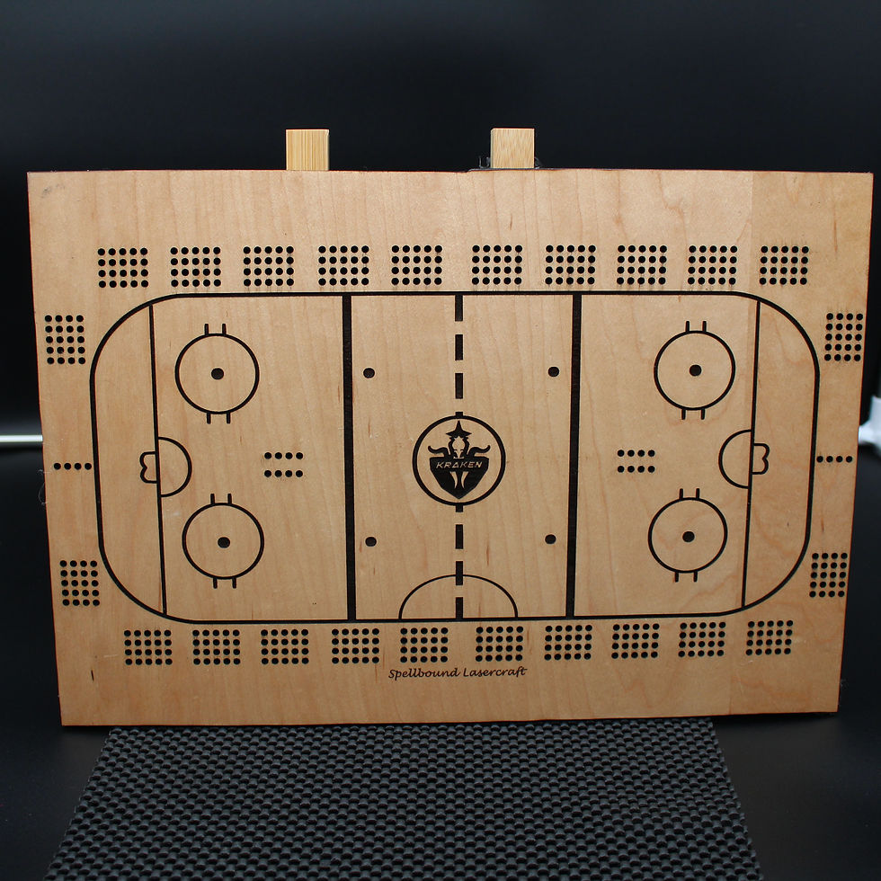 Wooden hockey rink with etched lines and designs, SpellBound LaserCraft LLC
