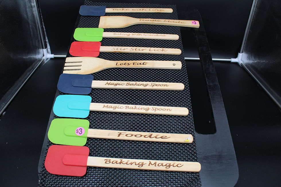 Colorful spatulas with text: