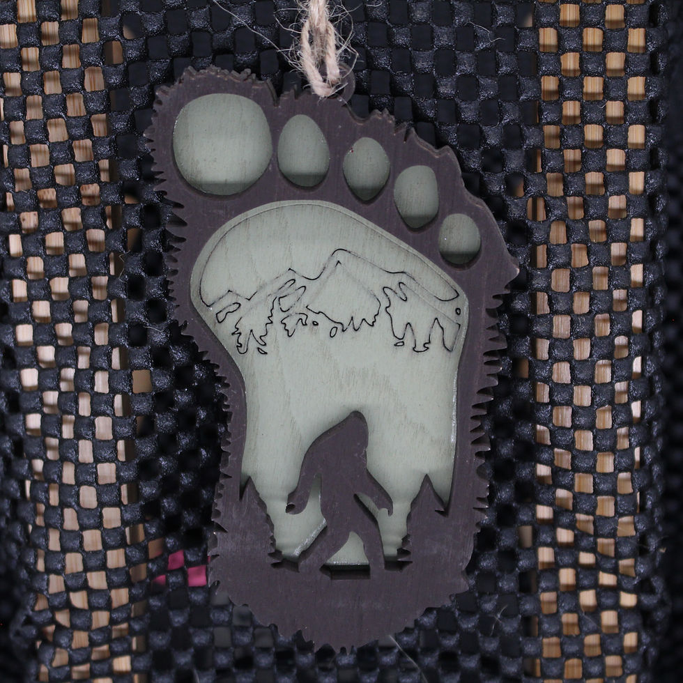 Bigfoot footprint keychain with mountain scene, SpellBound LaserCraft LLC design