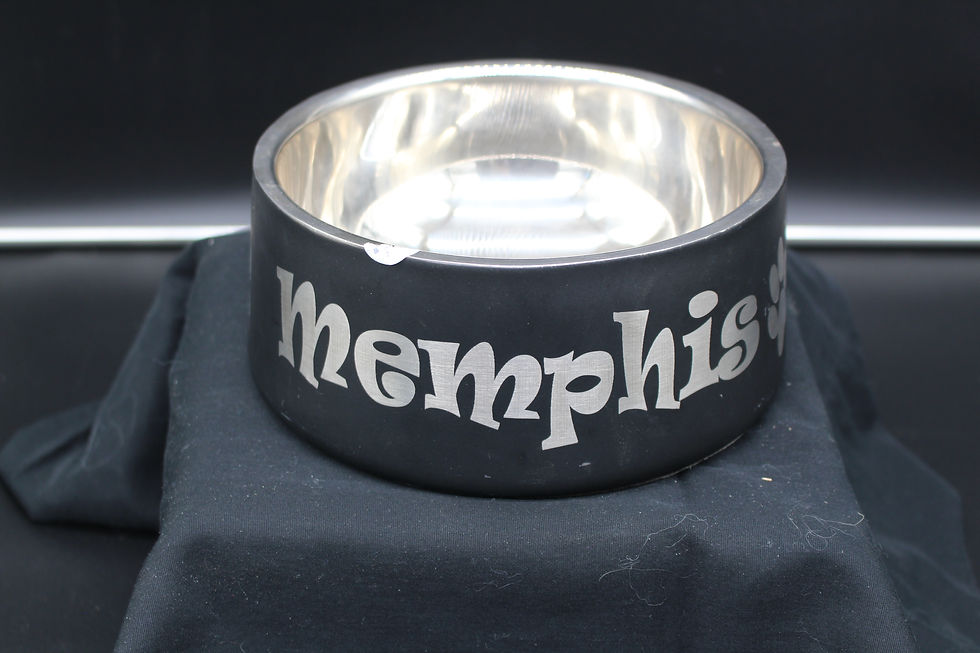 Dog bowl with "Memphis" text on the side, metal interior and black exterior.