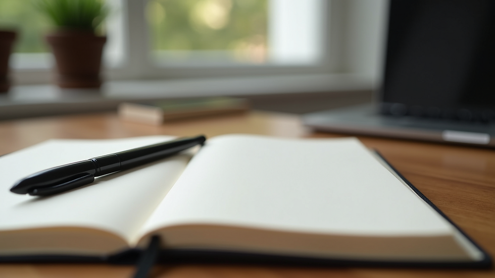 Close-up of a journal and pen on a wooden desk, symbolising mindfulness and reflection