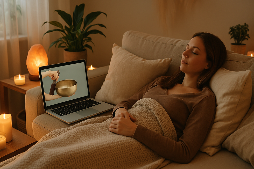 A woman receiving sound healing remotely, lying comfortably next to her laptop.