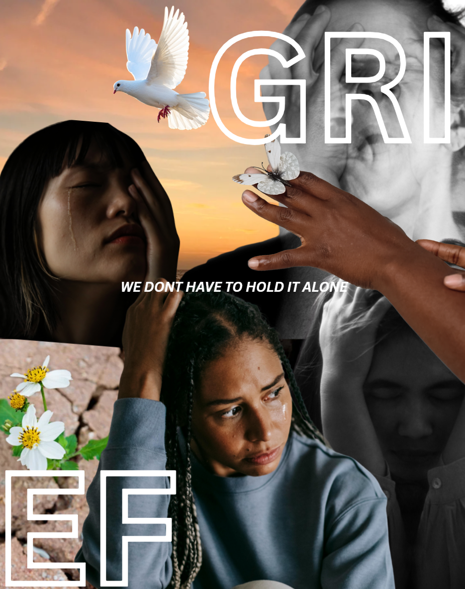 Grief. Collage by Yurani Cubillos portraying layered faces, hands, a white dove, flowers, and quiet gestures of touch and reflection. An image about shared grief, tenderness, and the reminder that we do not have to hold it alone.