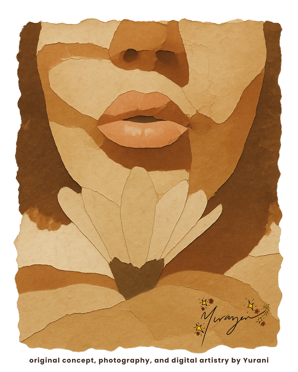 Collage digital en tonos sepia y tierra de Yurani Cubillos (@yurazen_visuals). Primer plano de la mitad inferior del rostro de una persona — nariz, labios y mentón — construido con capas de papel rasgado. Una flor blanca descansa justo debajo del mentón, con sus pétalos abiertos sobre el pecho. La composición evoca la respiración, la quietud y la presencia serena.