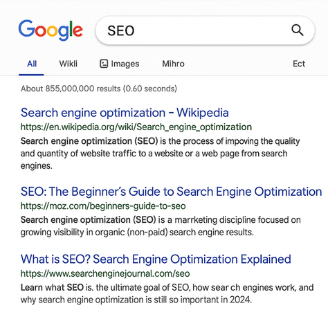 Captura de pantalla simulada de una búsqueda en Google con el término SEO, mostrando resultados con títulos, enlaces y descripciones, similar a una página real de resultados de Google.