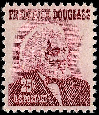 U.S. postage stamp featuring a portrait of Frederick Douglass, valued at 25 cents, printed in red tones and issued during the Civil Rights era to honor the abolitionist and writer.