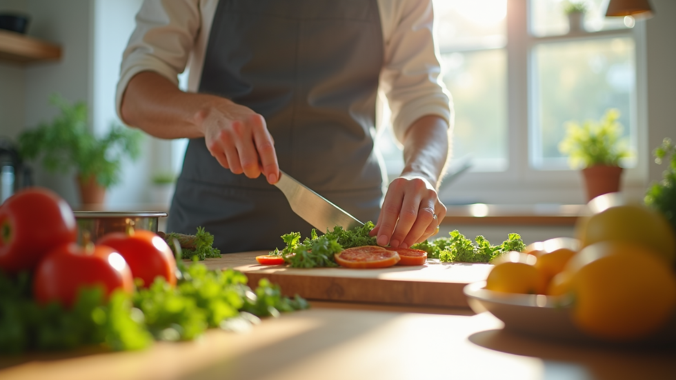 Eye-level view of a person preparing a healthy meal in a bright kitchen