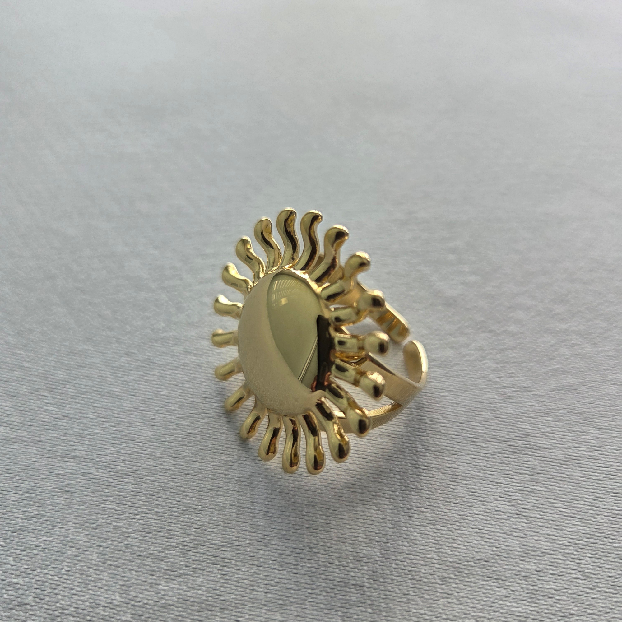 Gold finish 316 stainless steel Radiant Ring with sculptural radiating contours