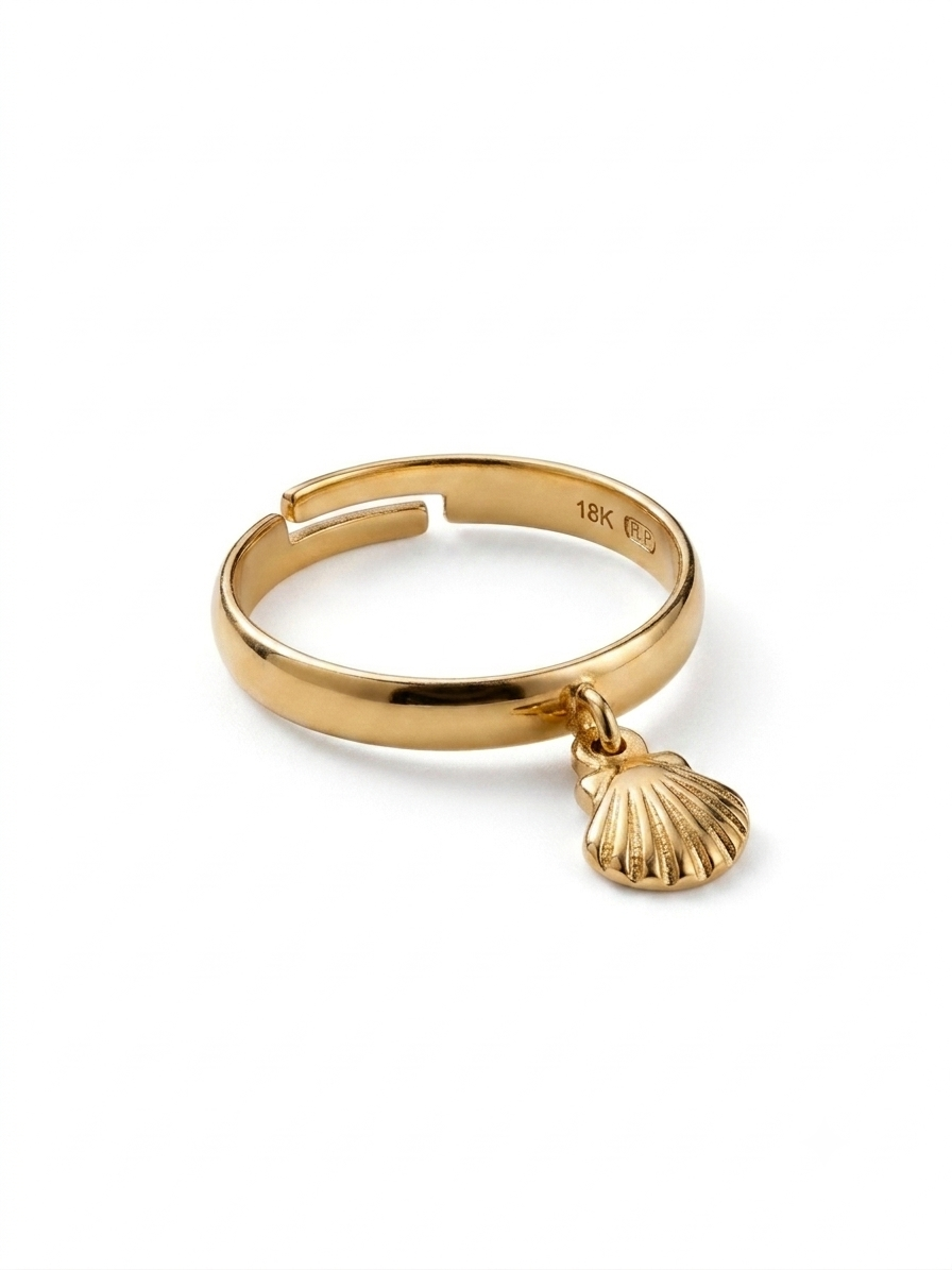Gold adjustable ring with a dangle shell charm