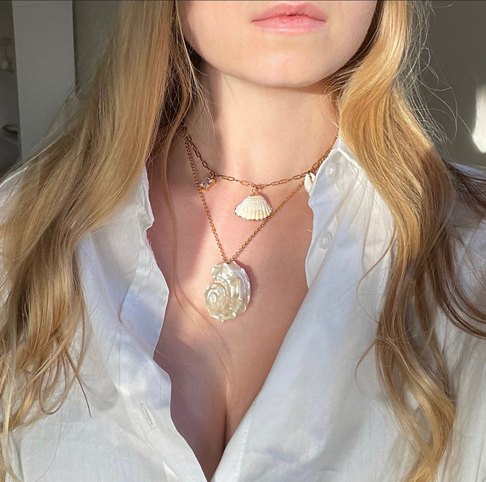Thumbnail: Model wearing waterproof seashell necklace stack