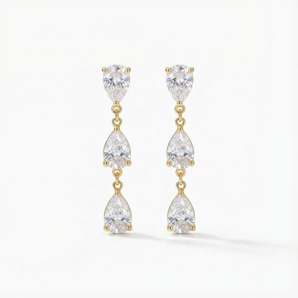 Thumbnail: Product shot of Amoria gold-plated drop earrings featuring three shimmering cubic zirconia stones on a white background.