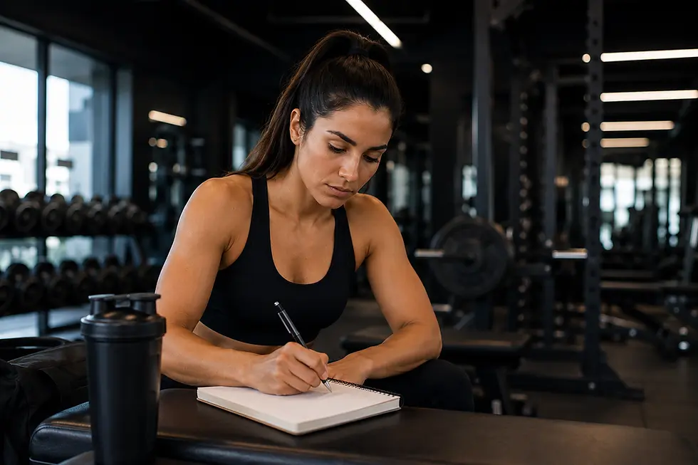 Mujer planificando entrenamiento personalizado en gimnasio