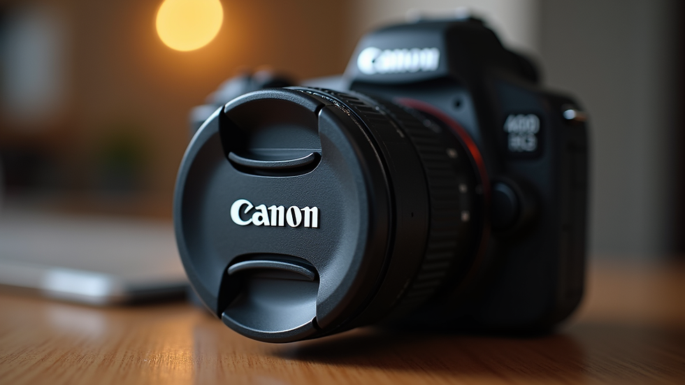 Close-up view of a Canon L-Series lens with lens cap on