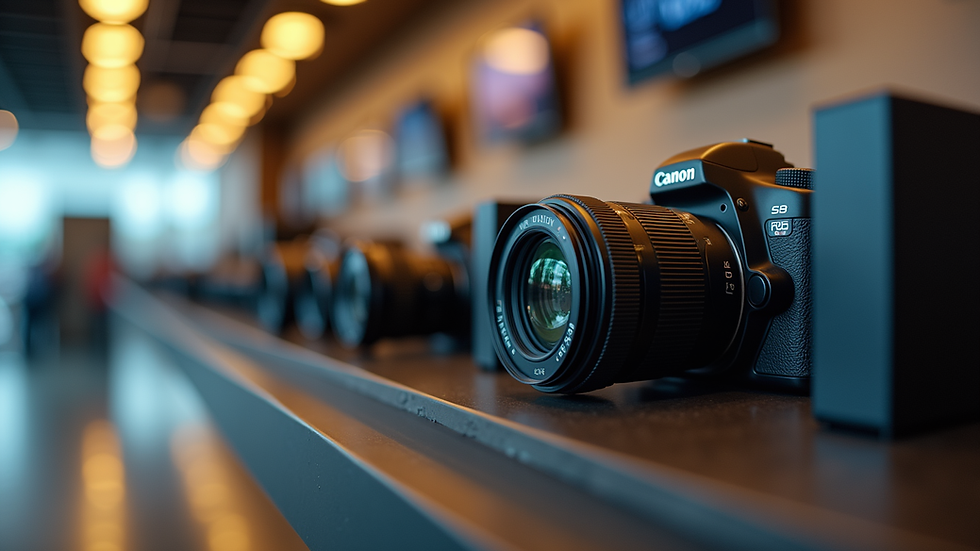 Eye-level view of Canon camera display at a Nairobi authorized dealer