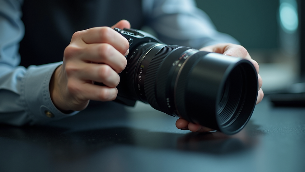 Eye-level view of a professional camera technician inspecting a lens