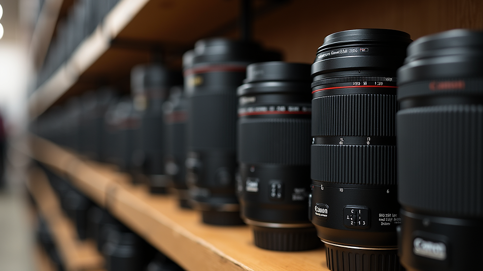 Close-up view of Canon lenses arranged on a shelf in a Nairobi store
