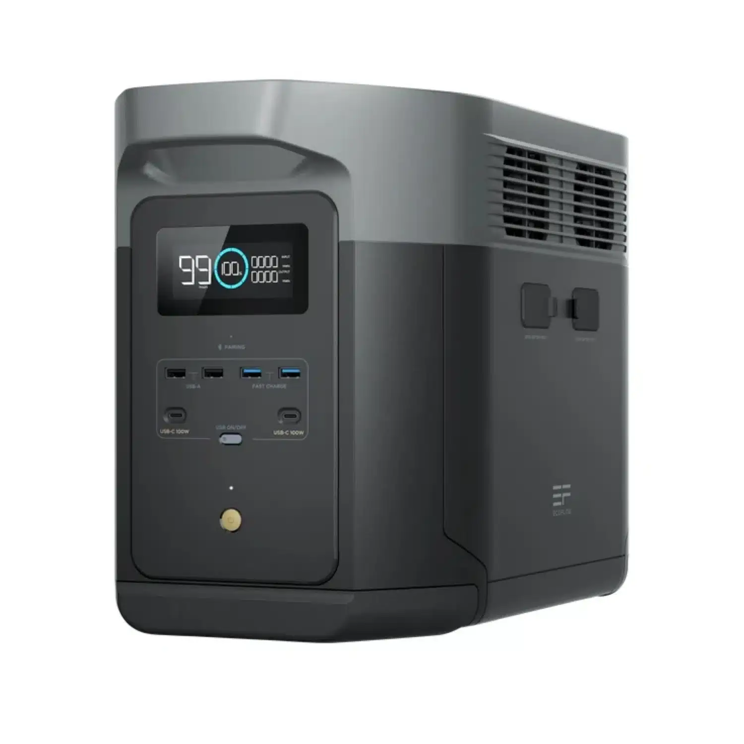 Modern black and gray Eco Flow Delta PRO 3 showing 99% charge.
