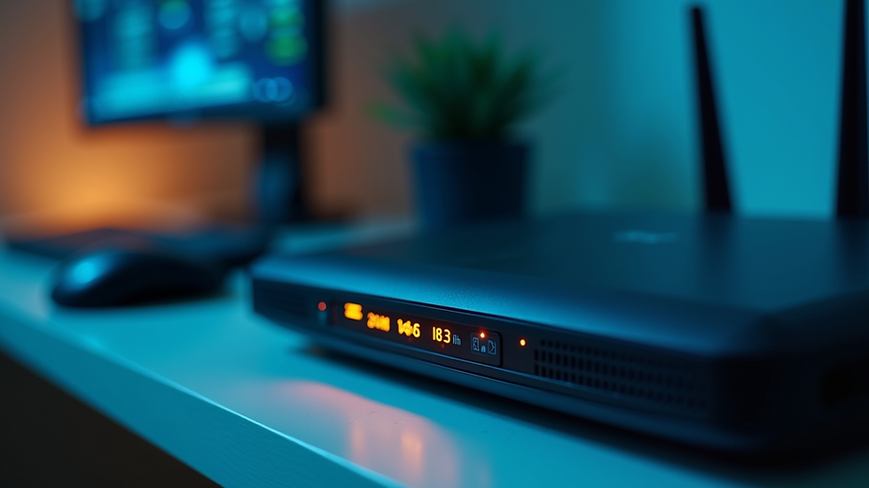 Eye-level view of a modern broadband router on a shelf