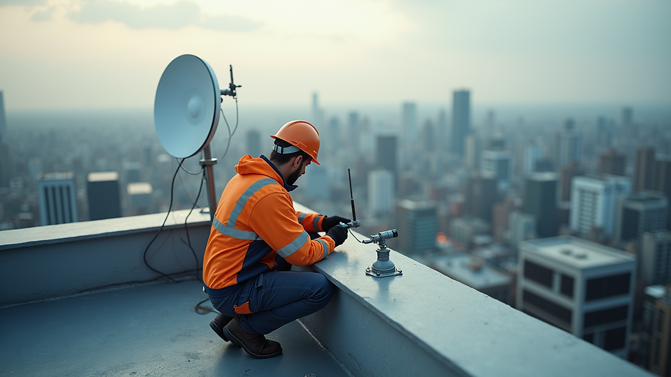 High angle view of a technician installing an external antenna on a rooftop