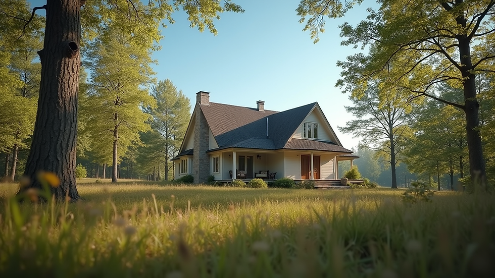 Eye-level view of a cozy cottage surrounded by trees and a clear blue sky