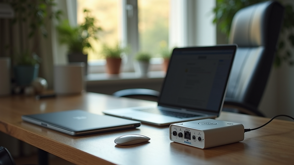 High angle view of a home office setup with a laptop and a SureCall signal booster on the desk