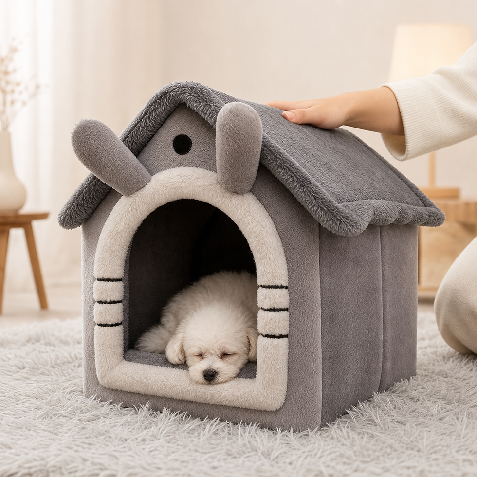 Miniatura: Casinha pet cinza com orelhas de coelho, com a mão de uma pessoa apoiada no topo e um cachorro branco dentro.