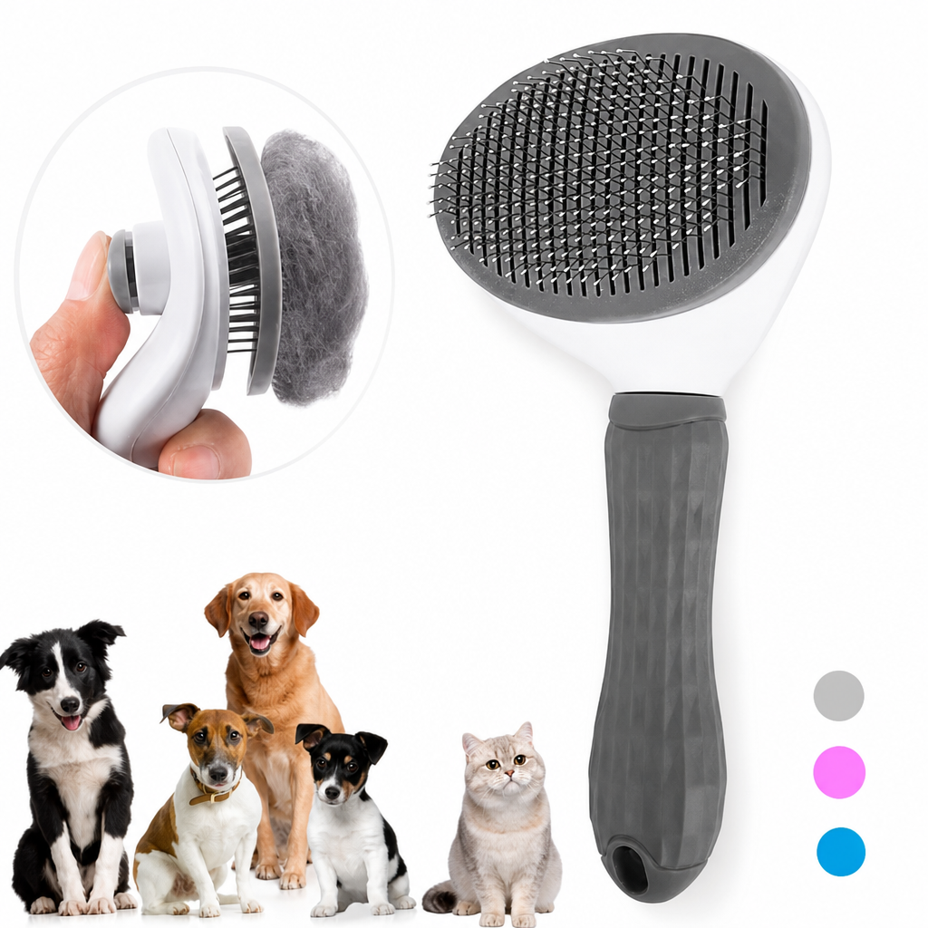 Escova de massagem pet com auto-limpeza, cabo cinza com cerdas de aço e botão de ejeção de pelos, sobre fundo branco.