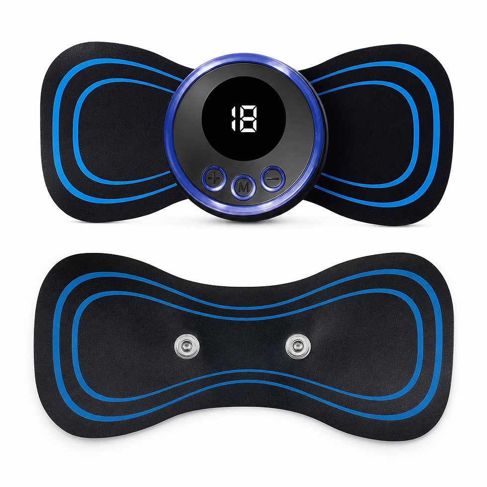 Miniatura: Estimulador muscular eletrônico TENS Pulse preto com detalhes em azul, formato borboleta, com controle remoto sem fio