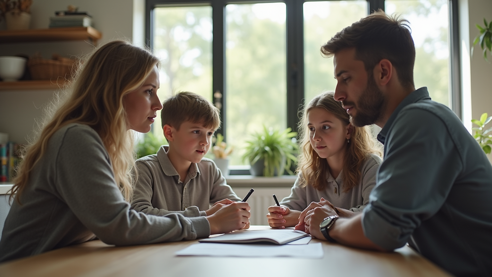 Eye-level view of a family discussing life insurance options