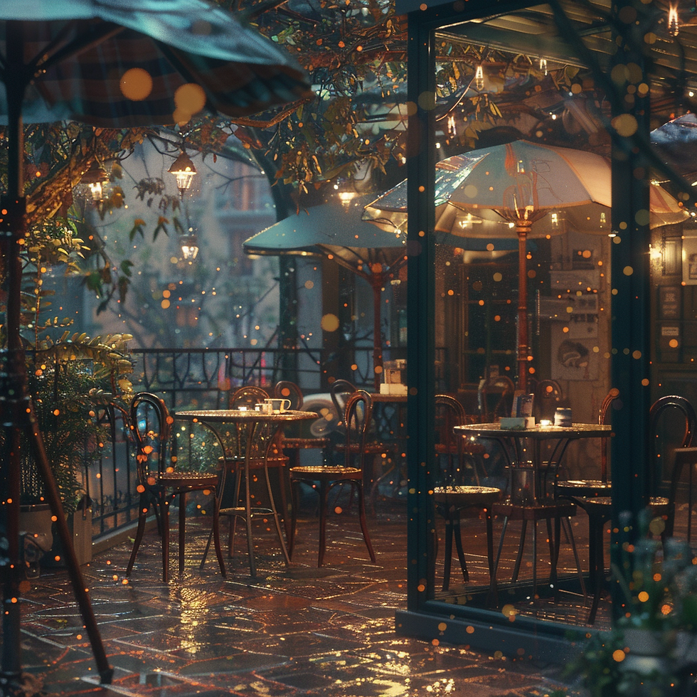 Cozy cafe patio with empty tables and chairs under umbrellas. Warm lights hang above. Rainy evening ambiance with glowing reflections.