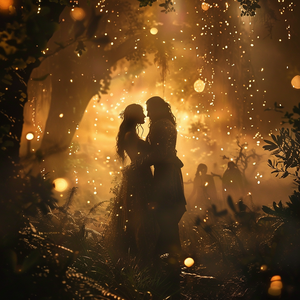 Silhouetted couple embraces in a glowing, enchanted forest, surrounded by magical lights. Mysterious figures and trees in the background.