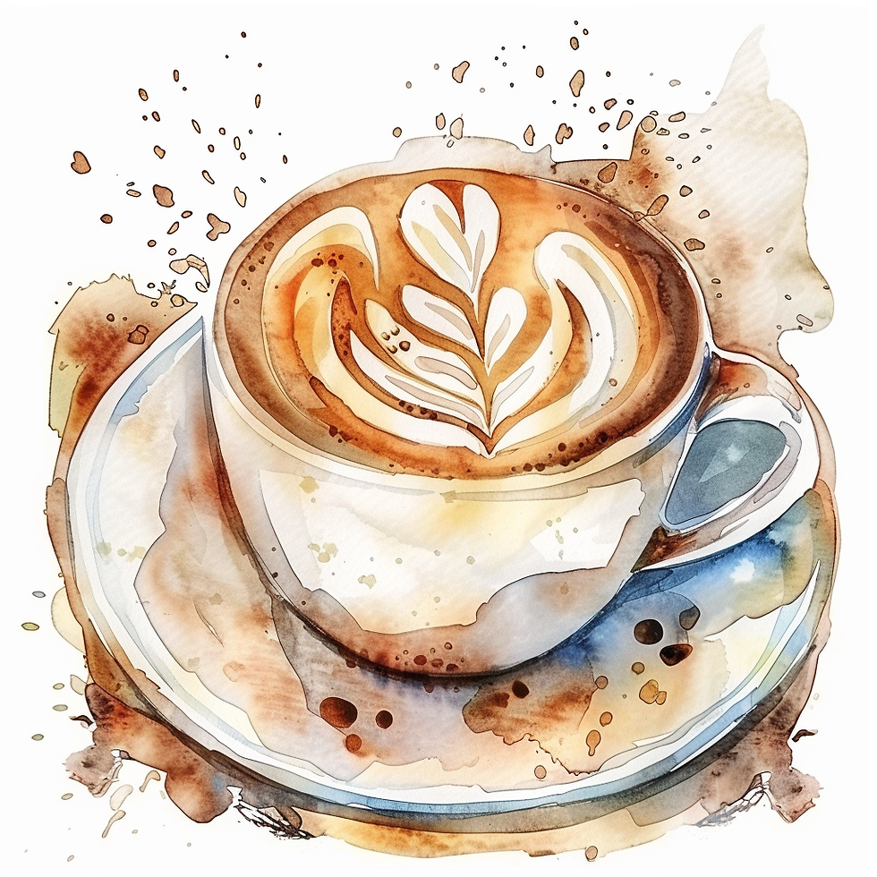 Watercolor illustration of a cappuccino with latte art in a white cup on a saucer. Brown and beige splashes surround it, creating a cozy mood.