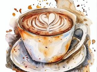 Watercolor painting of a cappuccino with heart latte art in a white cup on a saucer, surrounded by coffee splatters. Warm and artistic.