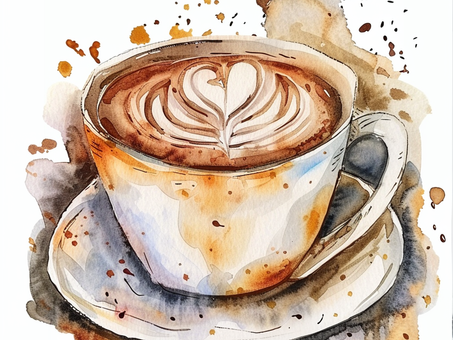 Watercolor painting of a cappuccino with heart latte art in a white cup on a saucer, surrounded by coffee splatters. Warm and artistic.