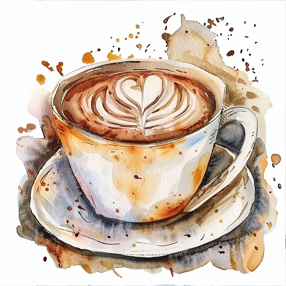 Watercolor painting of a cappuccino with heart latte art in a white cup on a saucer, surrounded by coffee splatters. Warm and artistic.