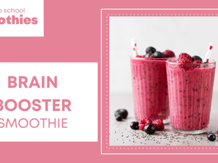 Two berry smoothies in glasses with straws sit on a table. Text reads: "Back to school Smoothies, BRAIN BOOSTER SMOOTHIE." Pink background.