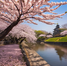 Landscape image of cherry blossoms, warm