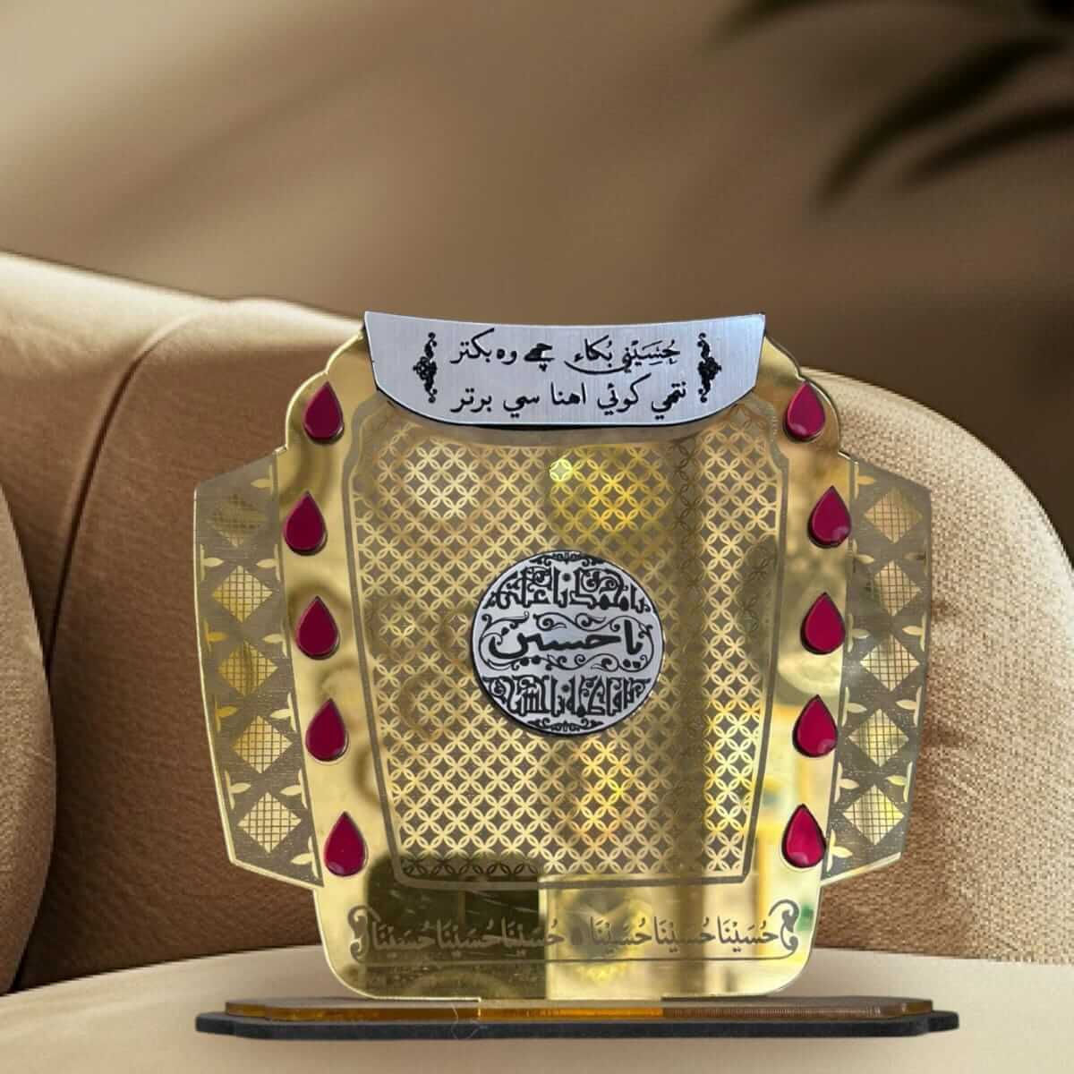 Elegant acrylic showpiece, Baktar design with red tear drop details, 7x6 inches, unique home décor
