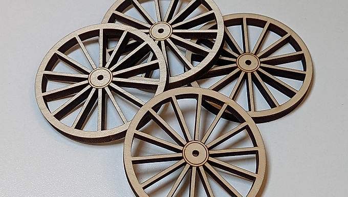 3 inch OD,  1/4 inch thick, 1/8 in hole 14 spoke wooden craft wheels (Set of 4)