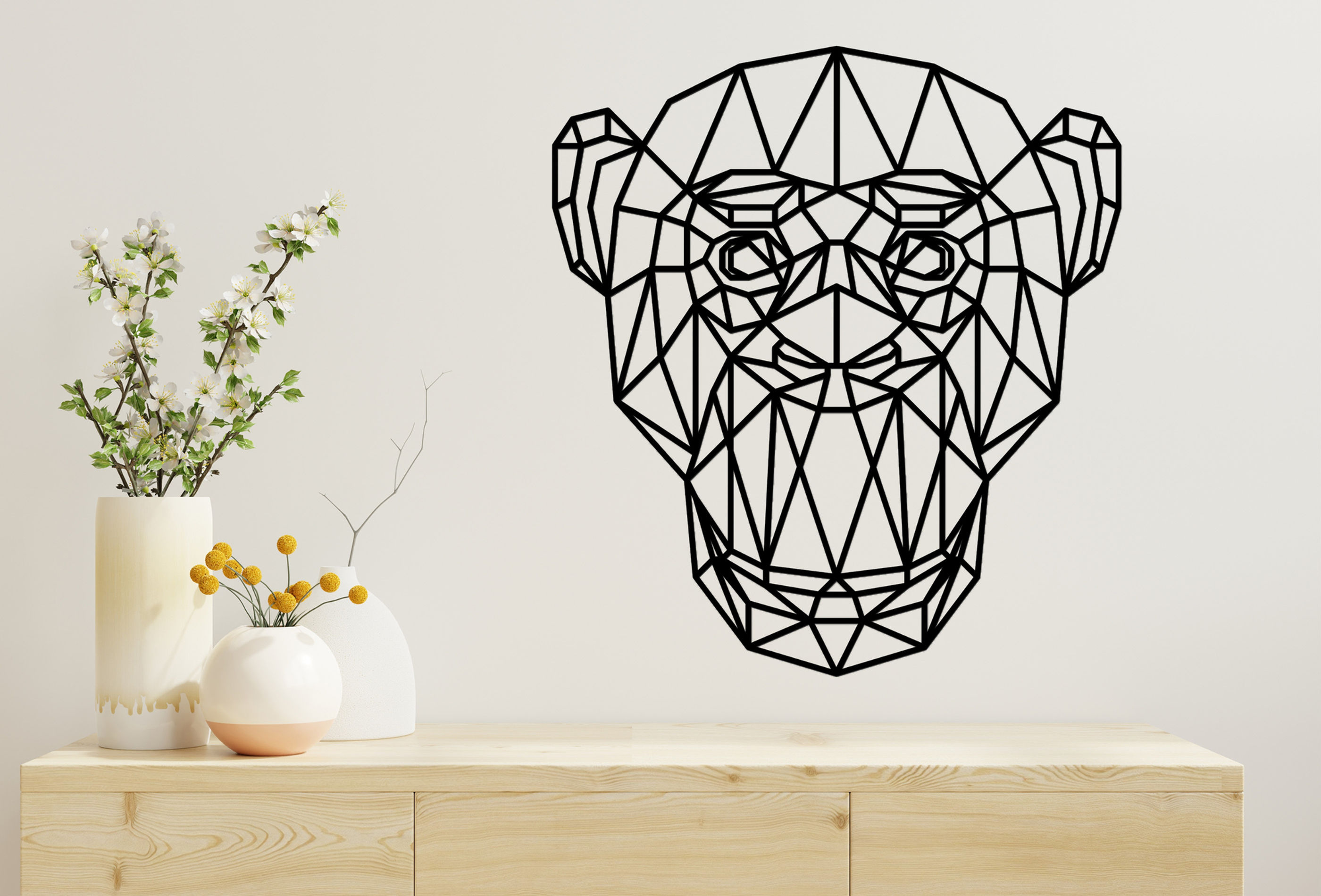 Geometric chimp Head, Gloss Black HDF, Small, Medium, Large