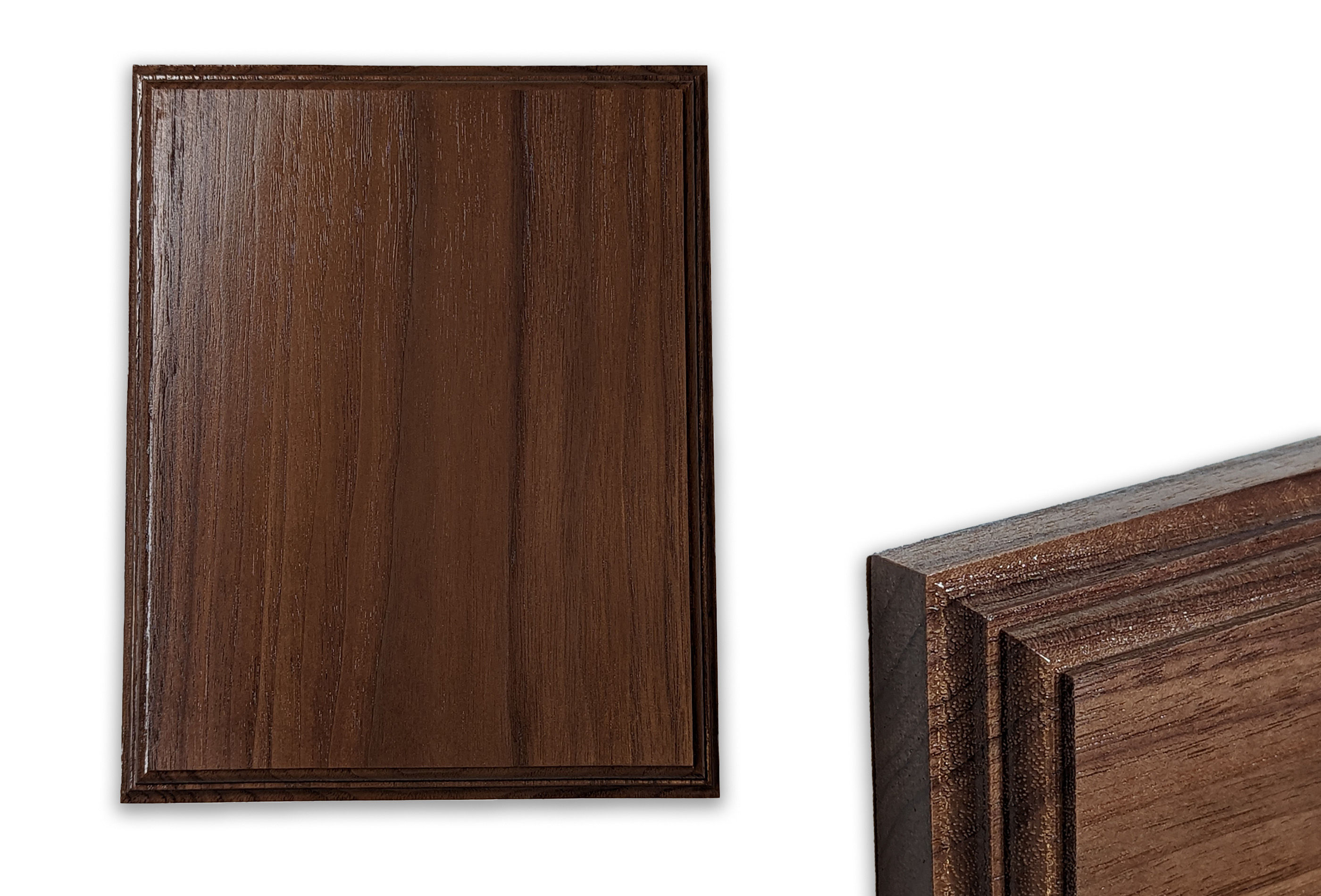 Solid Walnut plaque (6x7.75x0.75 in), Square Corners, 1/2 in Classical edge