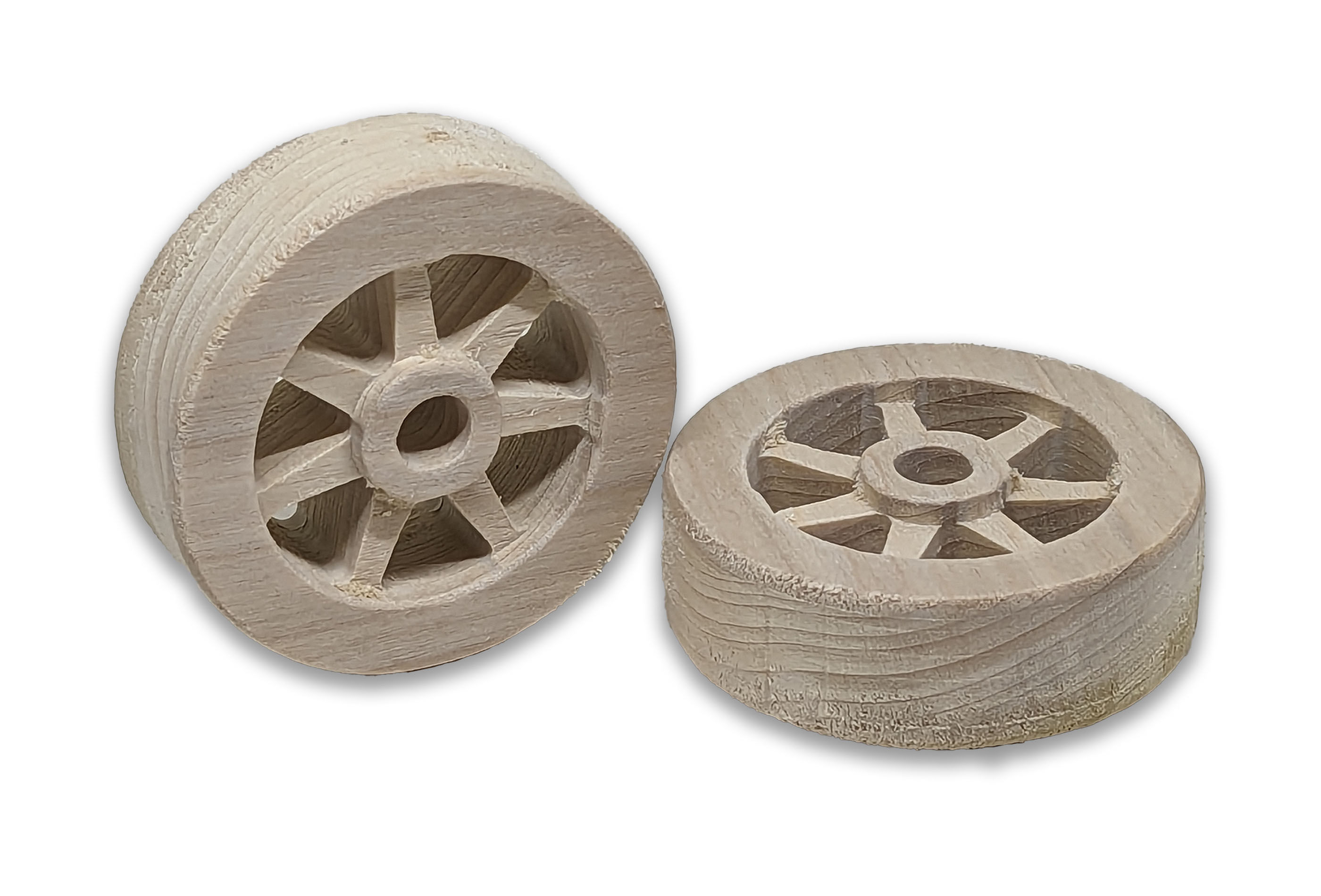 7 Spoke Wooden Wheels, Multiple Sizes, inset spokes, 3/4 inch thick, vintage