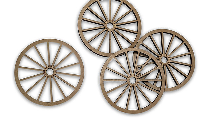 5 inch OD,  1/4 inch thick, 1/2 in hole, 14 spoke wooden craft wheels (Set of